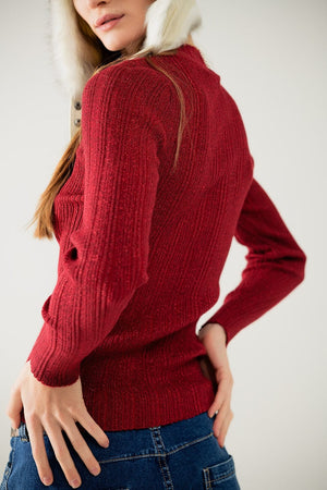 Q2 Women's Sweater Fitted Ribbed Sweater In Maroon With Silver Thread Detail