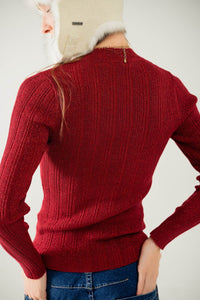 Q2 Women's Sweater Fitted Ribbed Sweater In Maroon With Silver Thread Detail