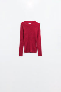 Q2 Women's Sweater Fitted Ribbed Sweater In Maroon With Silver Thread Detail