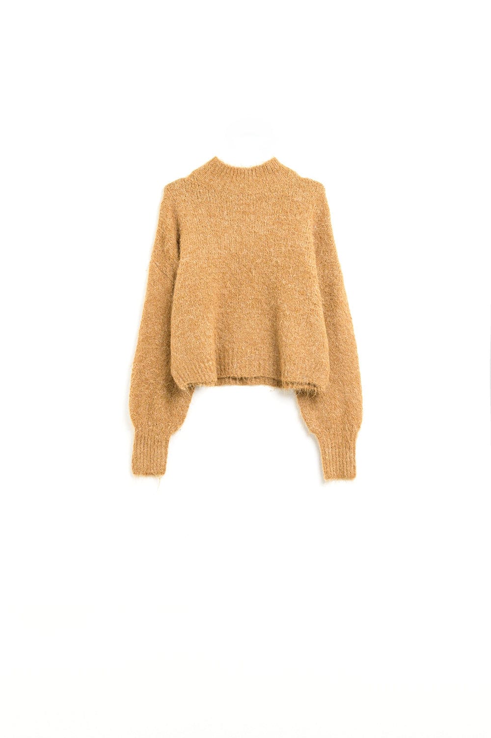 Q2 Women's Sweater Fluffy Camel Sweater With High Neck And Balloon Sleeves