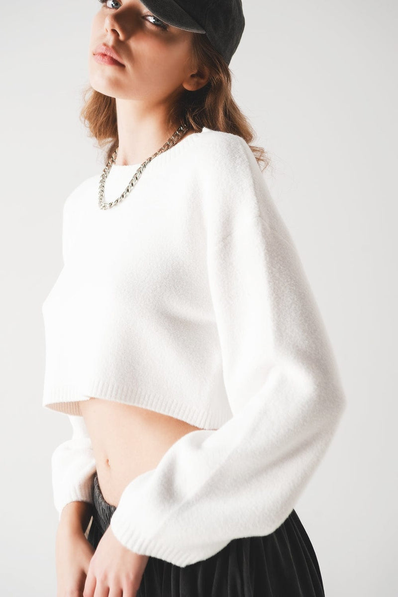 Q2 Women's Sweater Fluffy Cropped Jumper in Cream