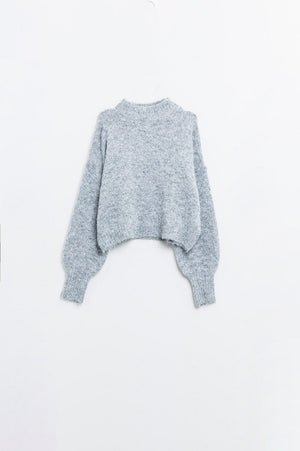 Q2 Women's Sweater Fluffy Grey Sweater With High Neck And Balloon Sleeves