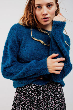 Q2 Women's Sweater Fluffy Knit Jumper in Blue