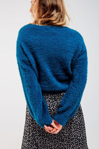 Q2 Women's Sweater Fluffy Knit Jumper in Blue