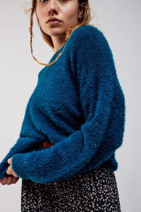 Q2 Women's Sweater Fluffy Knit Jumper in Blue