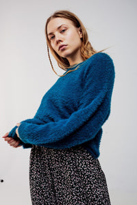 Q2 Women's Sweater Fluffy Knit Jumper in Blue