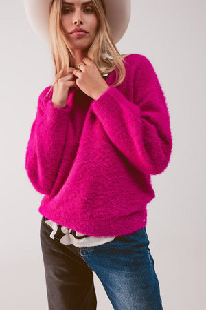 Q2 Women's Sweater Fluffy Knit Jumper in Fuchsia