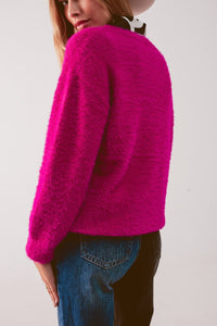 Q2 Women's Sweater Fluffy Knit Jumper in Fuchsia