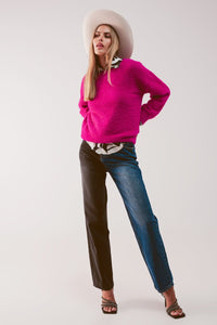 Q2 Women's Sweater Fluffy Knit Jumper in Fuchsia