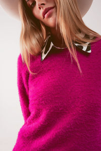 Q2 Women's Sweater Fluffy Knit Jumper in Fuchsia