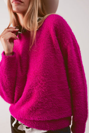 Q2 Women's Sweater Fluffy Knit Jumper in Fuchsia