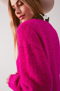 Q2 Women's Sweater Fluffy Knit Jumper in Fuchsia