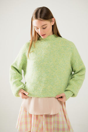 Q2 Women's Sweater Fluffy Light Green Sweater With High Neck And Balloon Sleeves