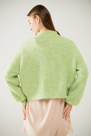 Q2 Women's Sweater Fluffy Light Green Sweater With High Neck And Balloon Sleeves