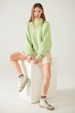 Q2 Women's Sweater Fluffy Light Green Sweater With High Neck And Balloon Sleeves