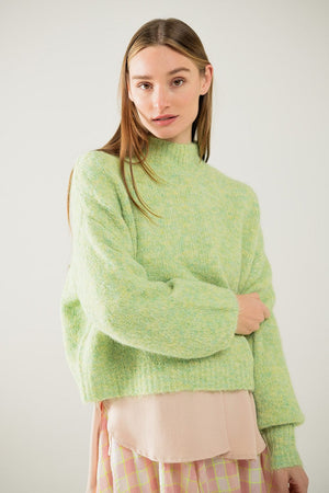 Q2 Women's Sweater Fluffy Light Green Sweater With High Neck And Balloon Sleeves