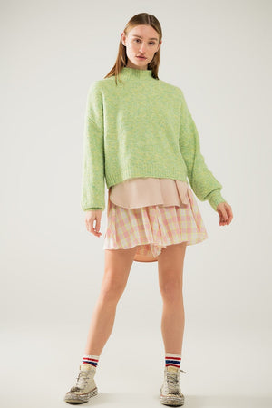 Q2 Women's Sweater Fluffy Light Green Sweater With High Neck And Balloon Sleeves