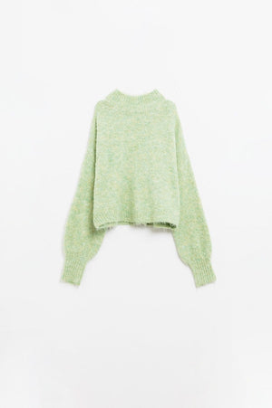 Q2 Women's Sweater Fluffy Light Green Sweater With High Neck And Balloon Sleeves