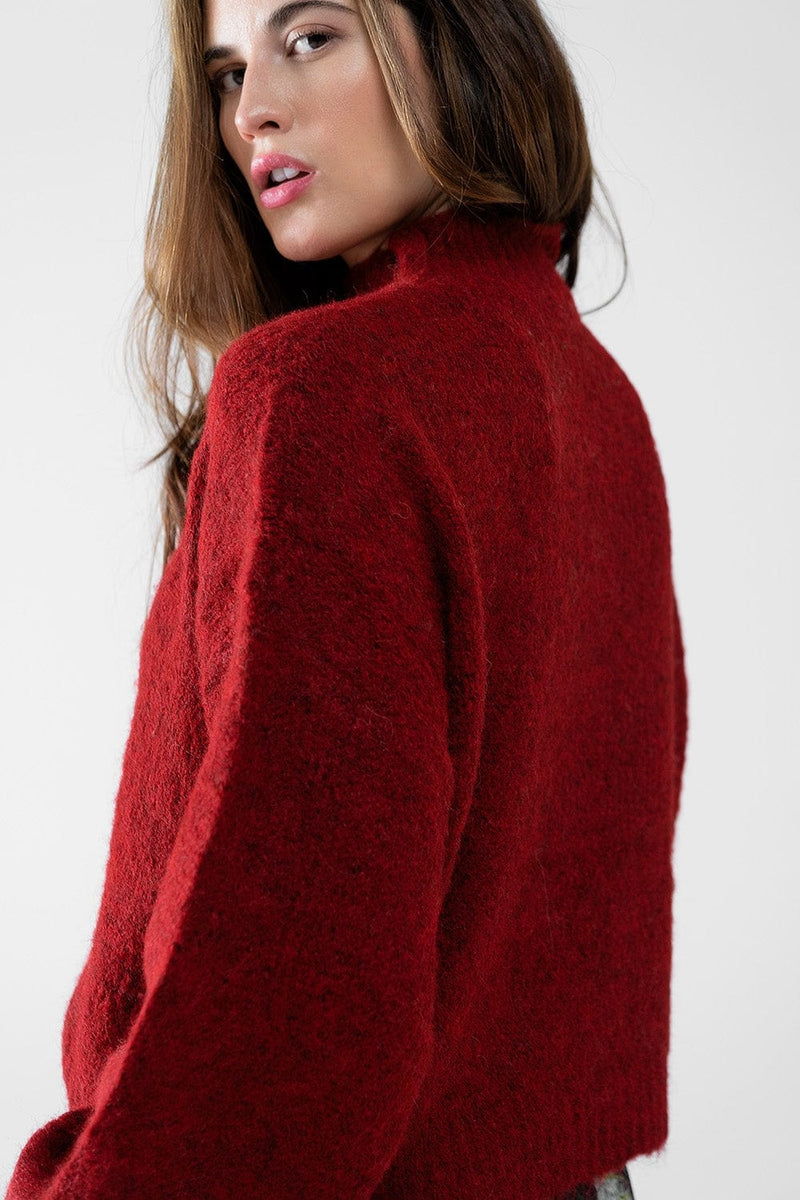 Q2 Women's Sweater Fluffy Red Sweater With High Neck And Balloon Sleeves