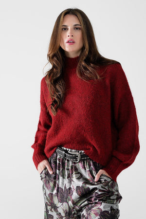 Q2 Women's Sweater Fluffy Red Sweater With High Neck And Balloon Sleeves