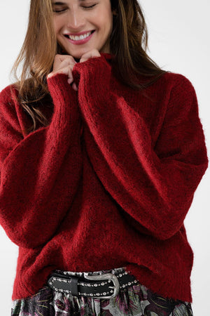 Q2 Women's Sweater Fluffy Red Sweater With High Neck And Balloon Sleeves