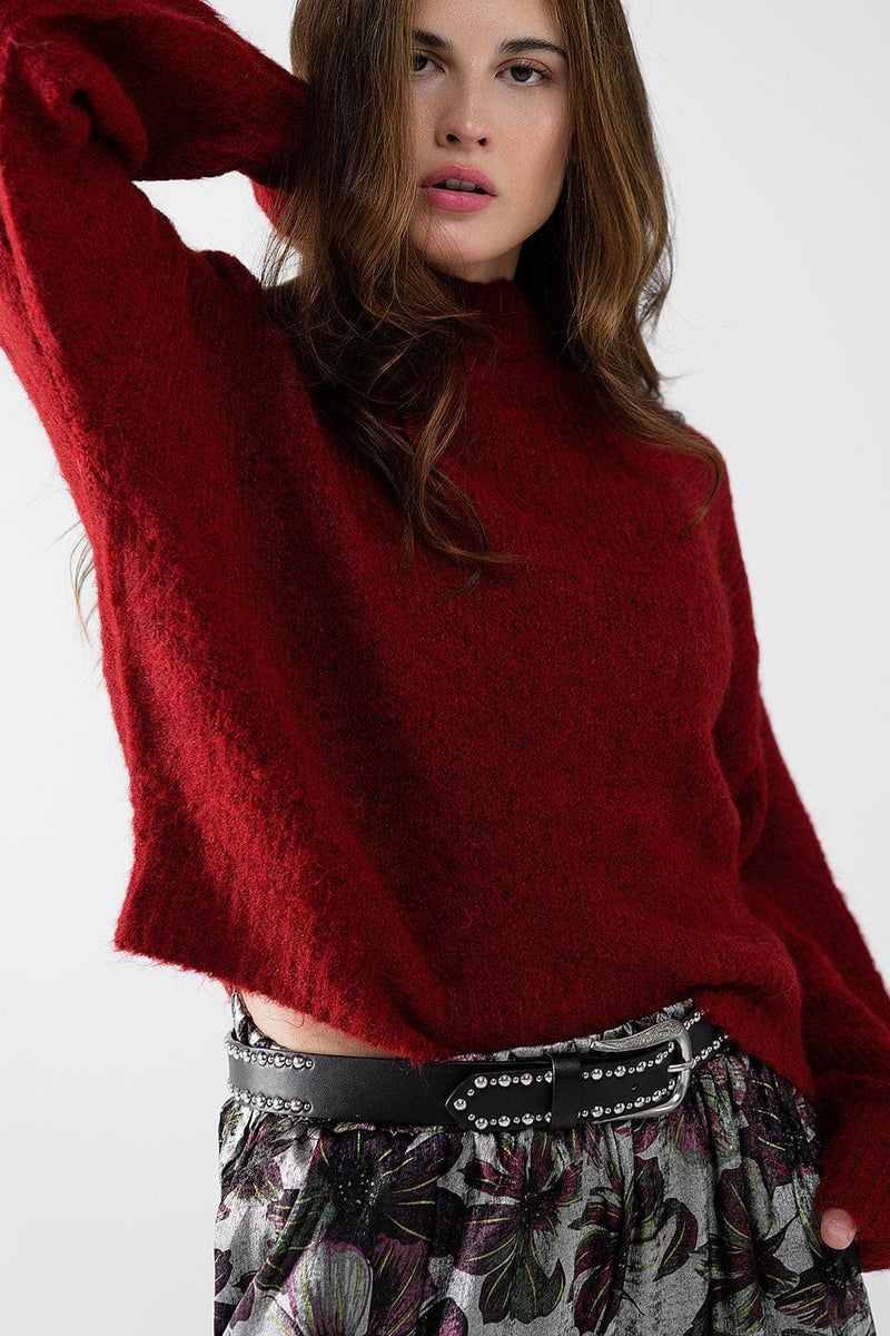 Q2 Women's Sweater Fluffy Red Sweater With High Neck And Balloon Sleeves