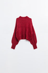 Q2 Women's Sweater Fluffy Red Sweater With High Neck And Balloon Sleeves