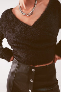 Q2 Women's Sweater Fluffy V Neck Knit Jumper in Black