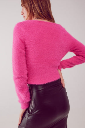 Q2 Women's Sweater Fluffy V Neck Knit Jumper in Fuchsia