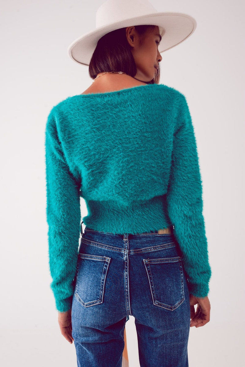 Q2 Women's Sweater Fluffy V Neck Knit Jumper in Green