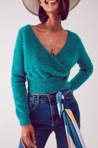 Q2 Women's Sweater Fluffy V Neck Knit Jumper in Green