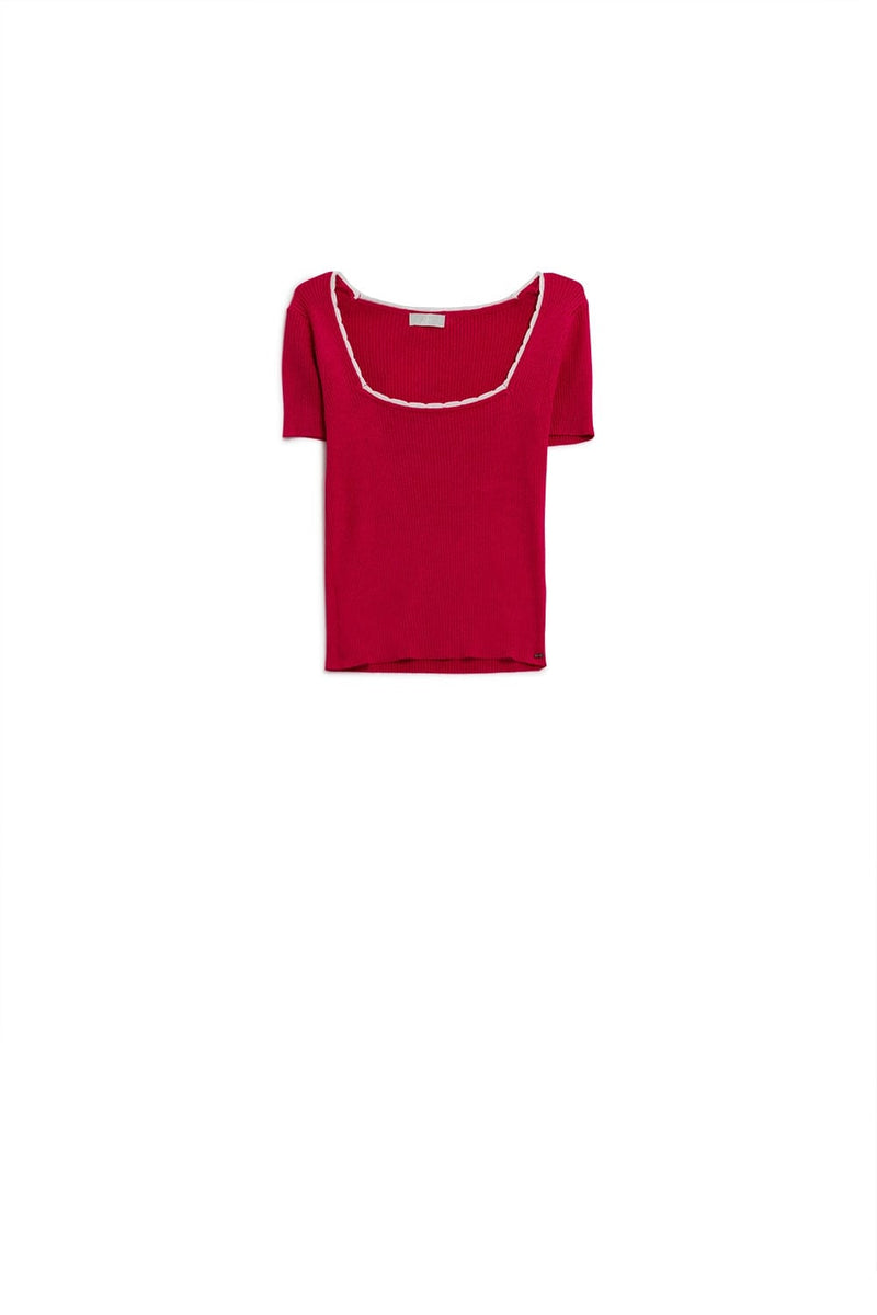 Q2 Women's Sweater Fuchsia Knitted Short Sleeve Sweater With Square Neck And  White Trim