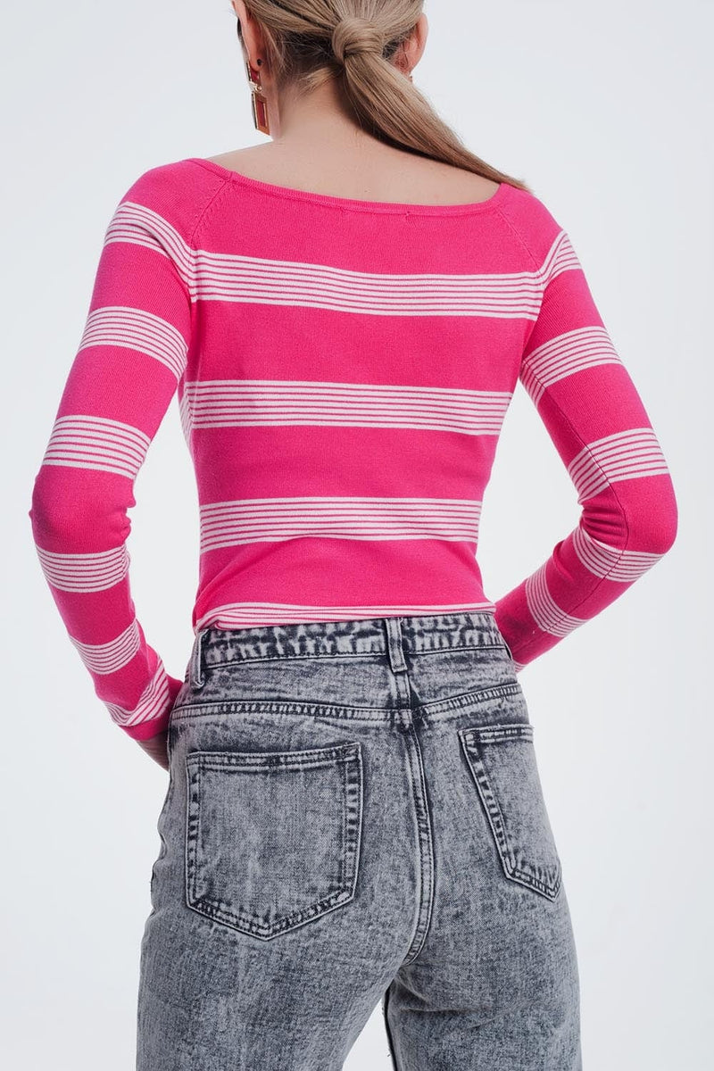 Q2 Women's Sweater Fuchsia Striped Sweater with Boat Neck