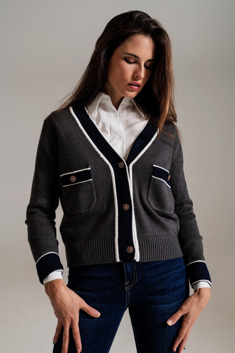 Q2 Women's Sweater Gray Cardigan With Pockets And Channel Style