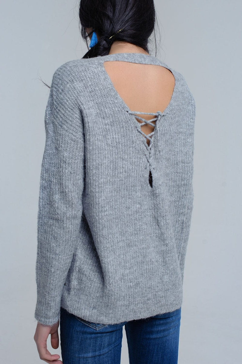 Q2 Women's Sweater Gray knitted sweater with tie-back closure