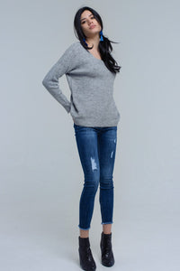 Q2 Women's Sweater Gray knitted sweater with tie-back closure