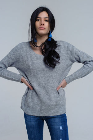 Q2 Women's Sweater Gray knitted sweater with tie-back closure