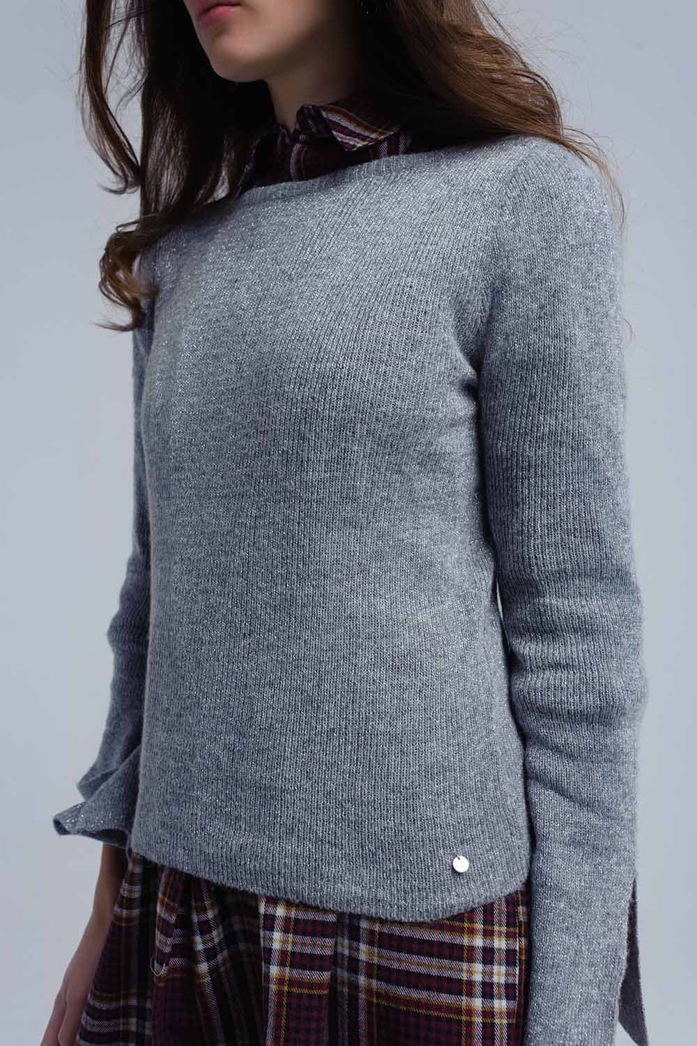 Q2 Women's Sweater Gray shiny sweater