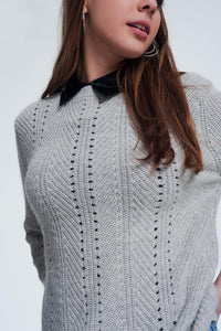 Q2 Women's Sweater Gray Sweater with Knitted Stripe Detail