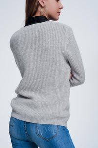 Q2 Women's Sweater Gray Sweater with Knitted Stripe Detail