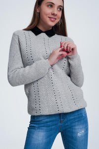 Q2 Women's Sweater Gray Sweater with Knitted Stripe Detail