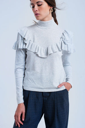Q2 Women's Sweater Gray sweater with ruffle