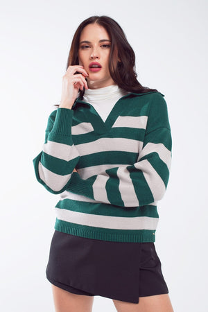 Q2 Women's Sweater Green And White Striped Sweater With V Neck And Polo Collar