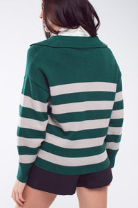 Q2 Women's Sweater Green And White Striped Sweater With V Neck And Polo Collar