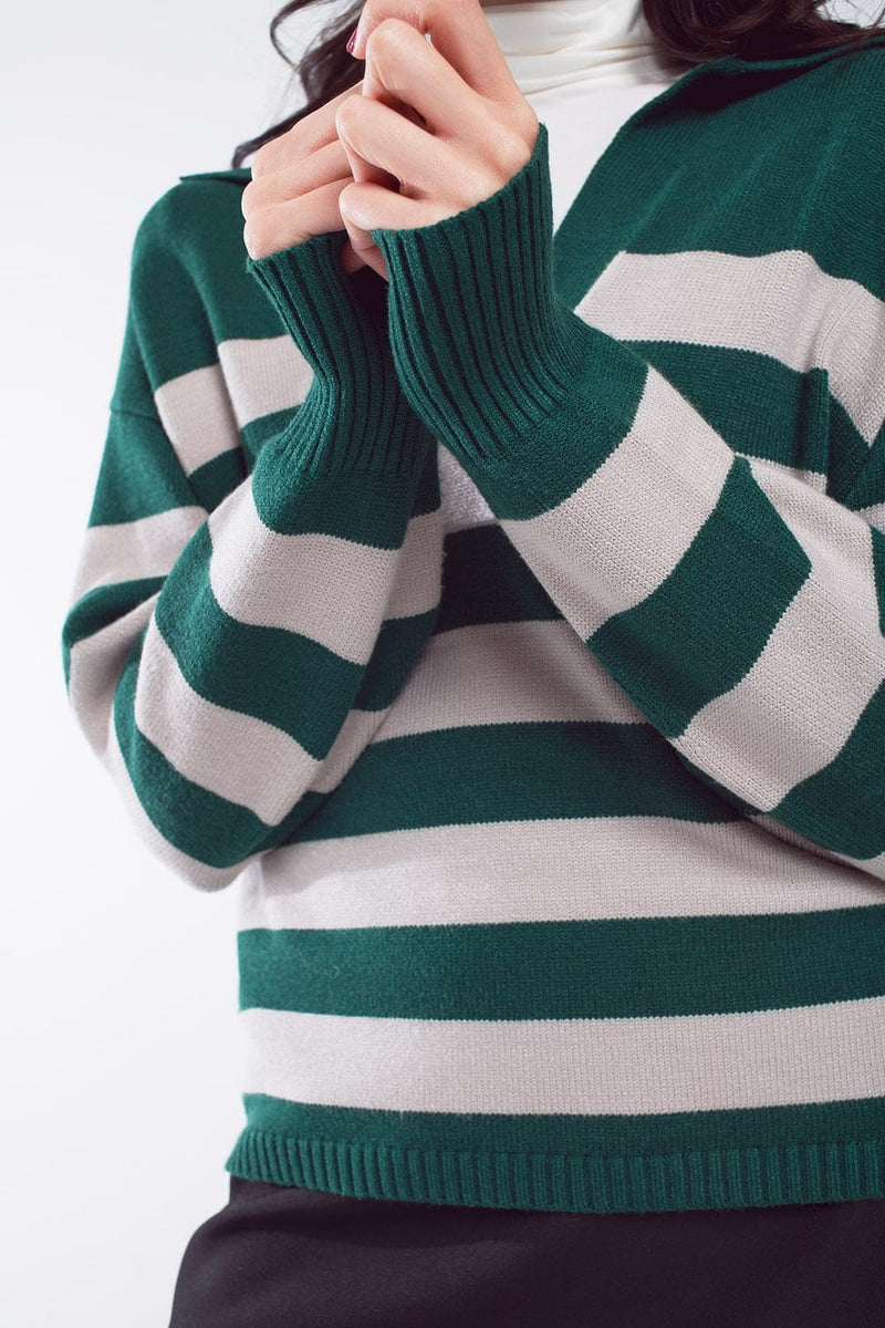 Q2 Women's Sweater Green And White Striped Sweater With V Neck And Polo Collar