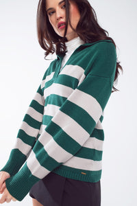 Q2 Women's Sweater Green And White Striped Sweater With V Neck And Polo Collar