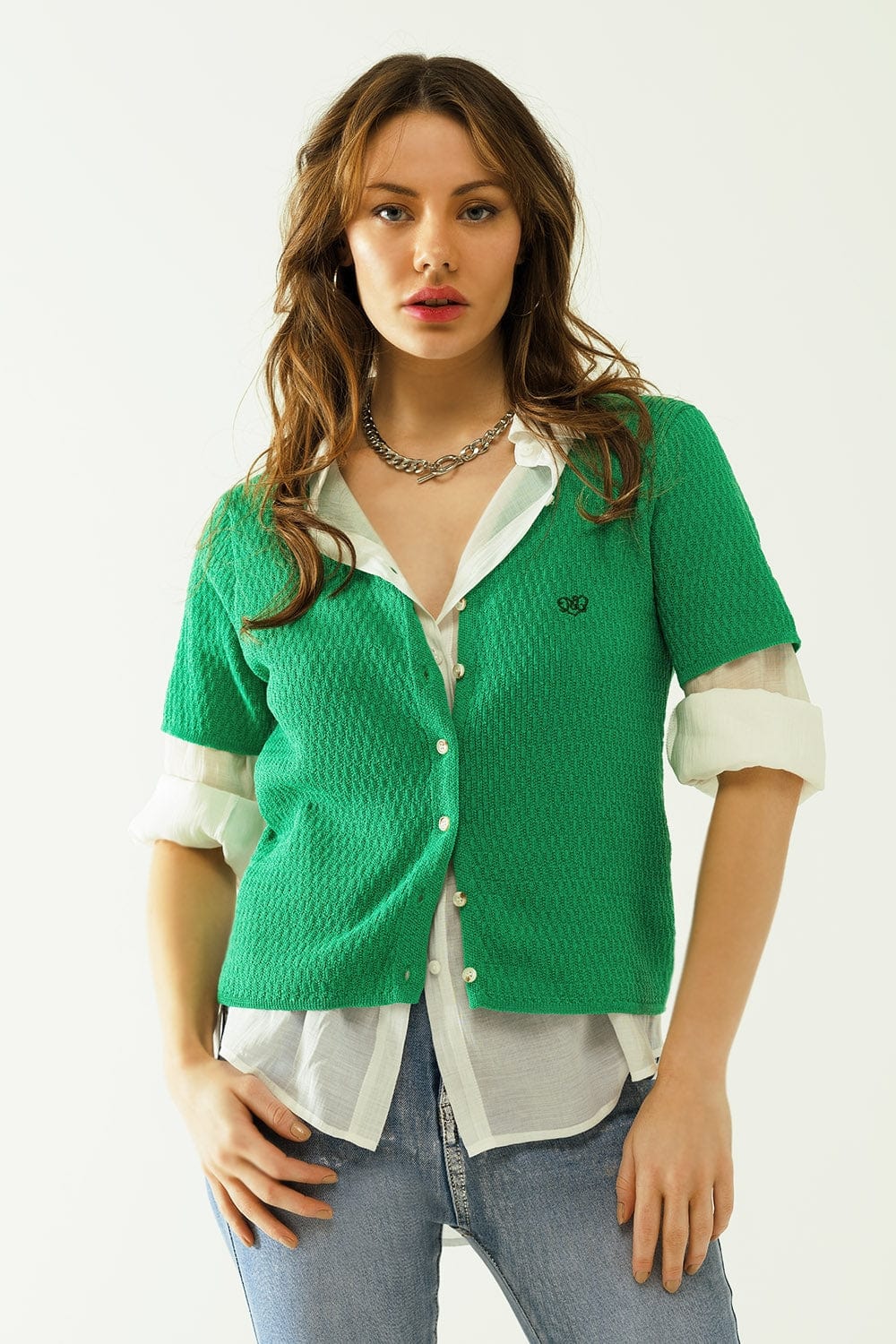 Q2 Women's Sweater Green Cardigan With Short Sleeves And Front Closure With Button
