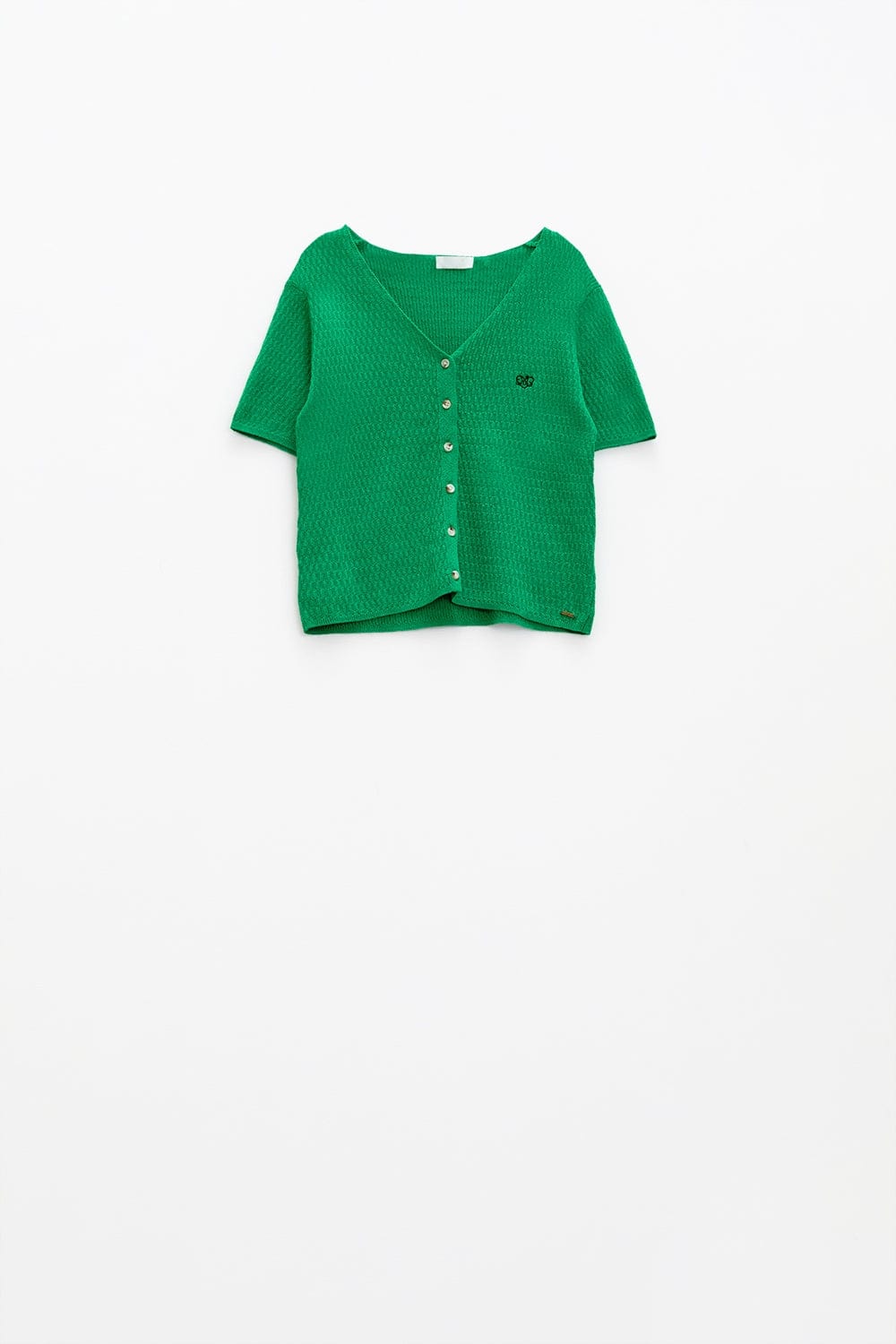 Q2 Women's Sweater Green Cardigan With Short Sleeves And Front Closure With Button