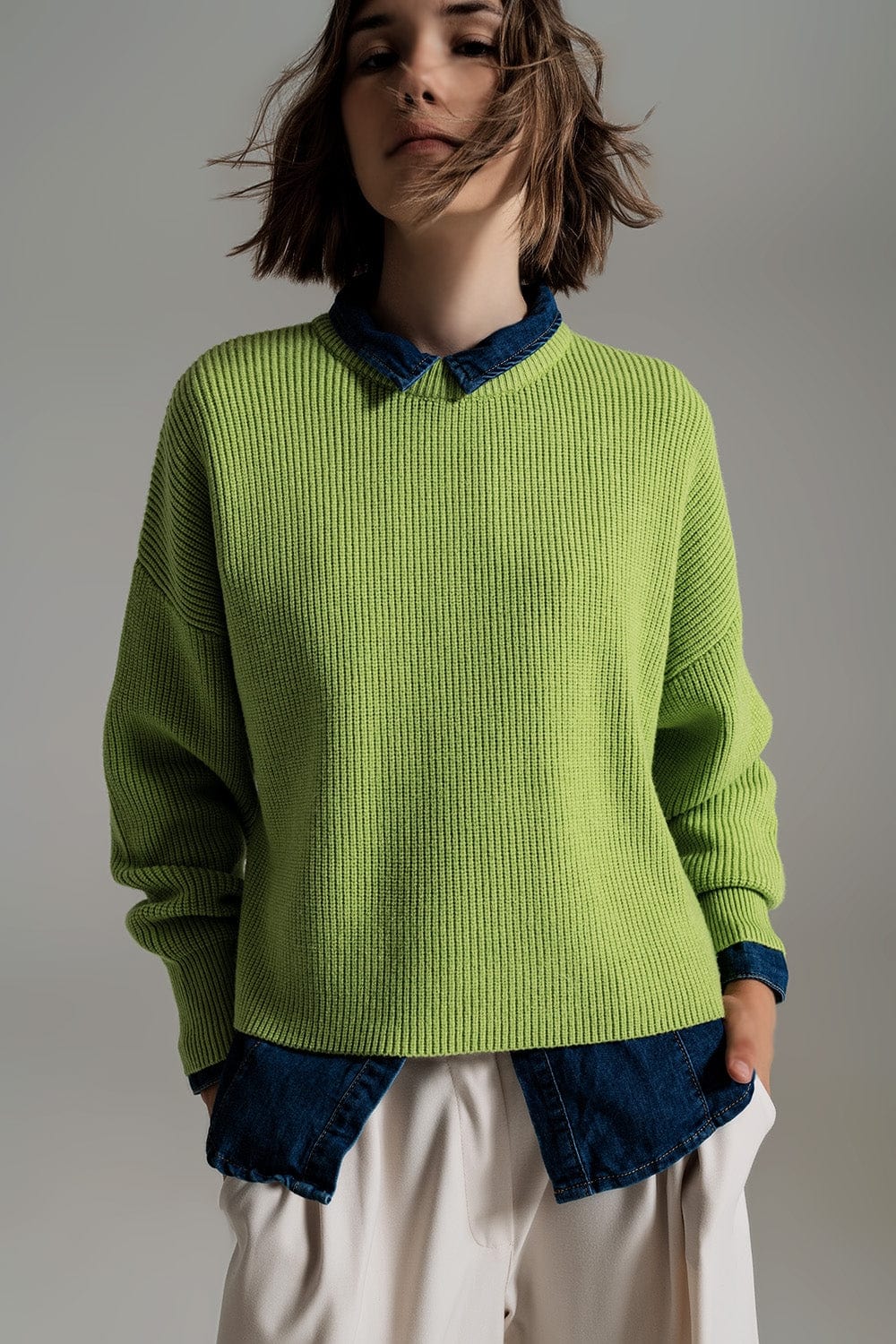 Q2 Women's Sweater Green Chunky Knitted Relaxed Jumper