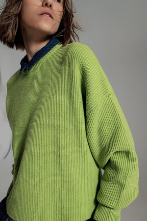 Q2 Women's Sweater Green Chunky Knitted Relaxed Jumper